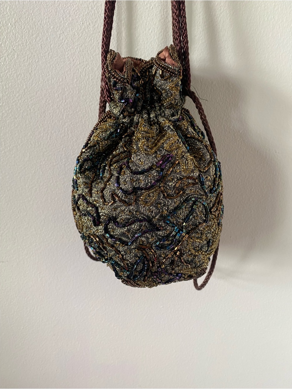 Talbots Gold Copper Beaded Renaissance Drawstring Shoulder Pouch - Picture 1 of 9
